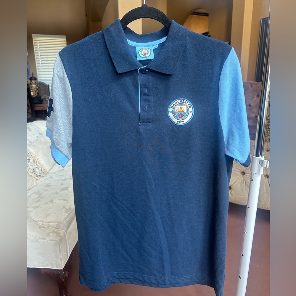 Official Manchester City FC Navy Polo Contrast Sleeves Embroidered Size Medium